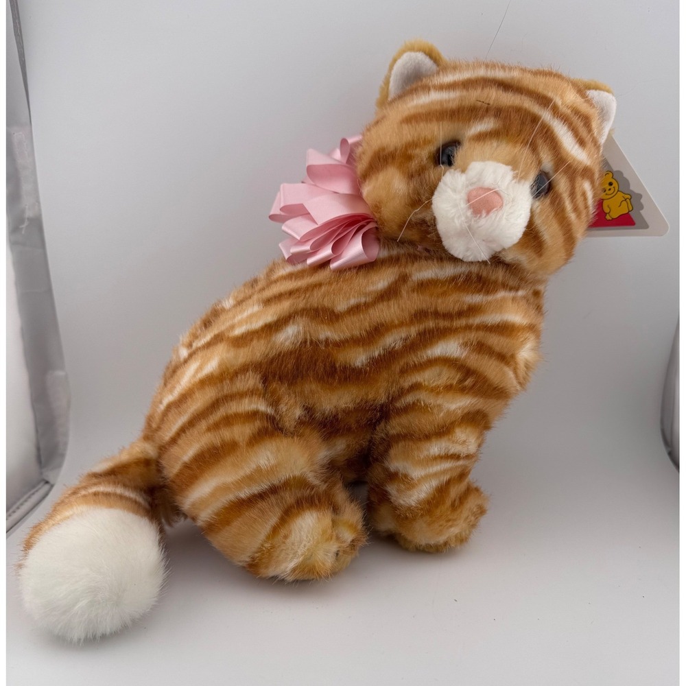 Vintage‎ Dakin Sitting Tabby Orange Striped Cat Plush Toy Pink Bow 1994